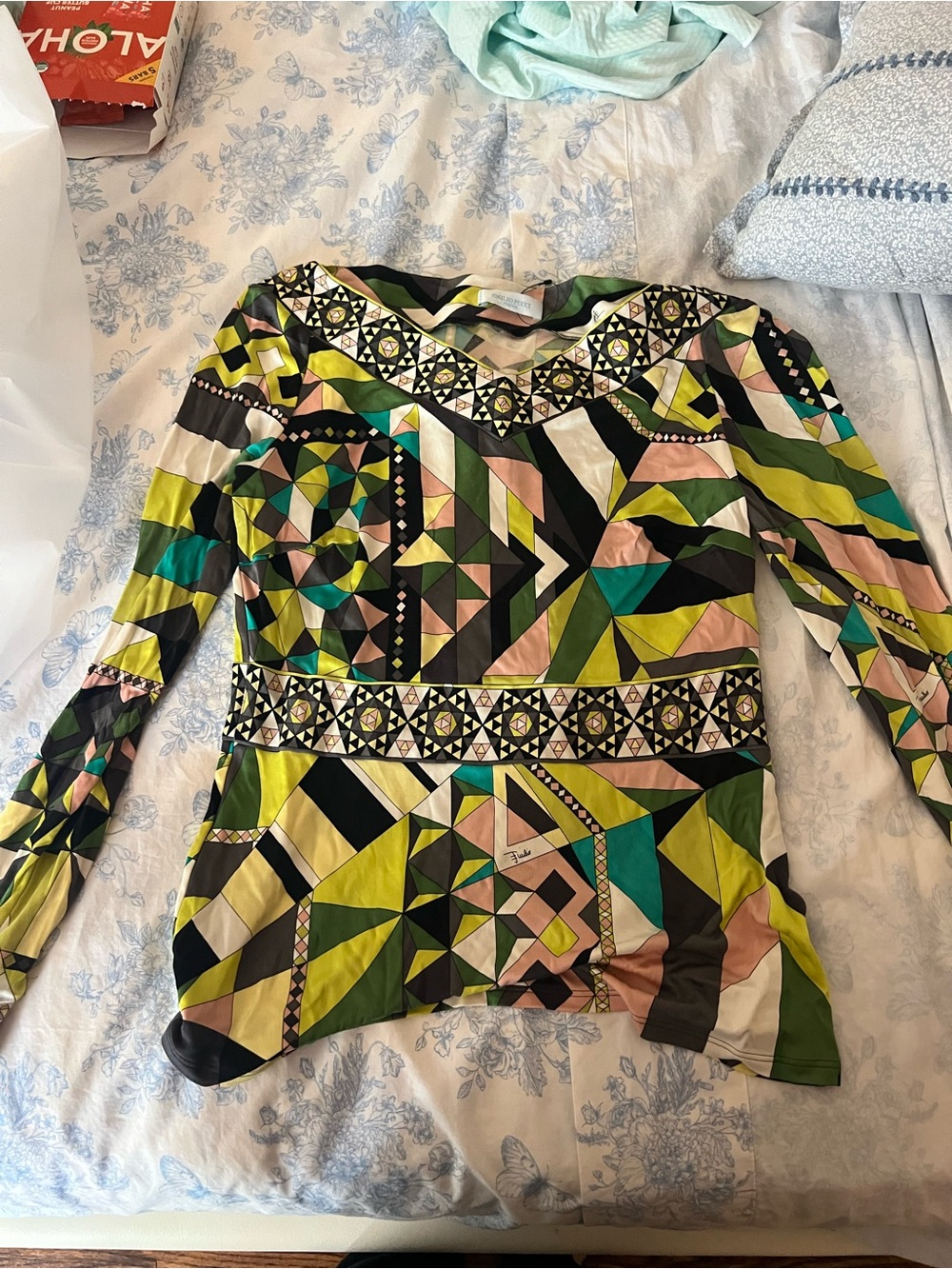 Emilio Pucci Multicolor Geometric Long-Sleeve Top in Green, Pink, Black and Teal